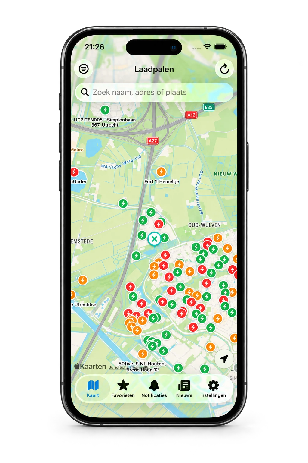 Laadpalen en NexDrive-vestigingen op de kaart in een premium telefoonmockup