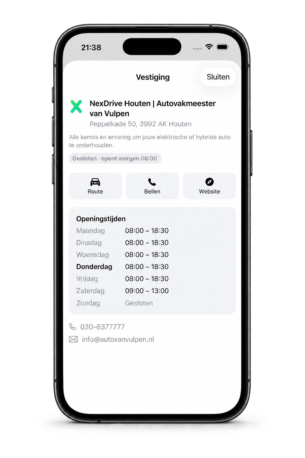NexDrive-vestiging in de app met openingstijden, route en contactgegevens