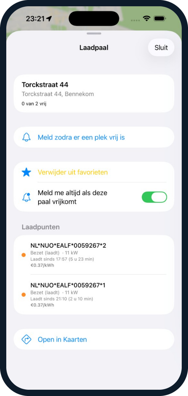 Laadpaaldetail met de optie meld me altijd als deze paal vrijkomt, plus status, vermogen en tarief per laadpunt