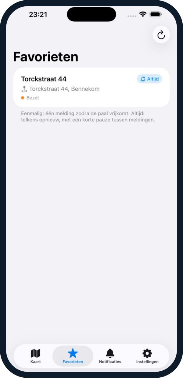 Favorietenlijst in de Laadpaal Checker app met doorlopende melding